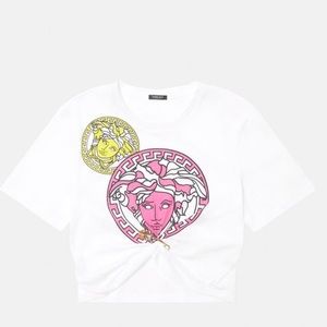 Versace White Crop Top with Pink and Yellow Accents